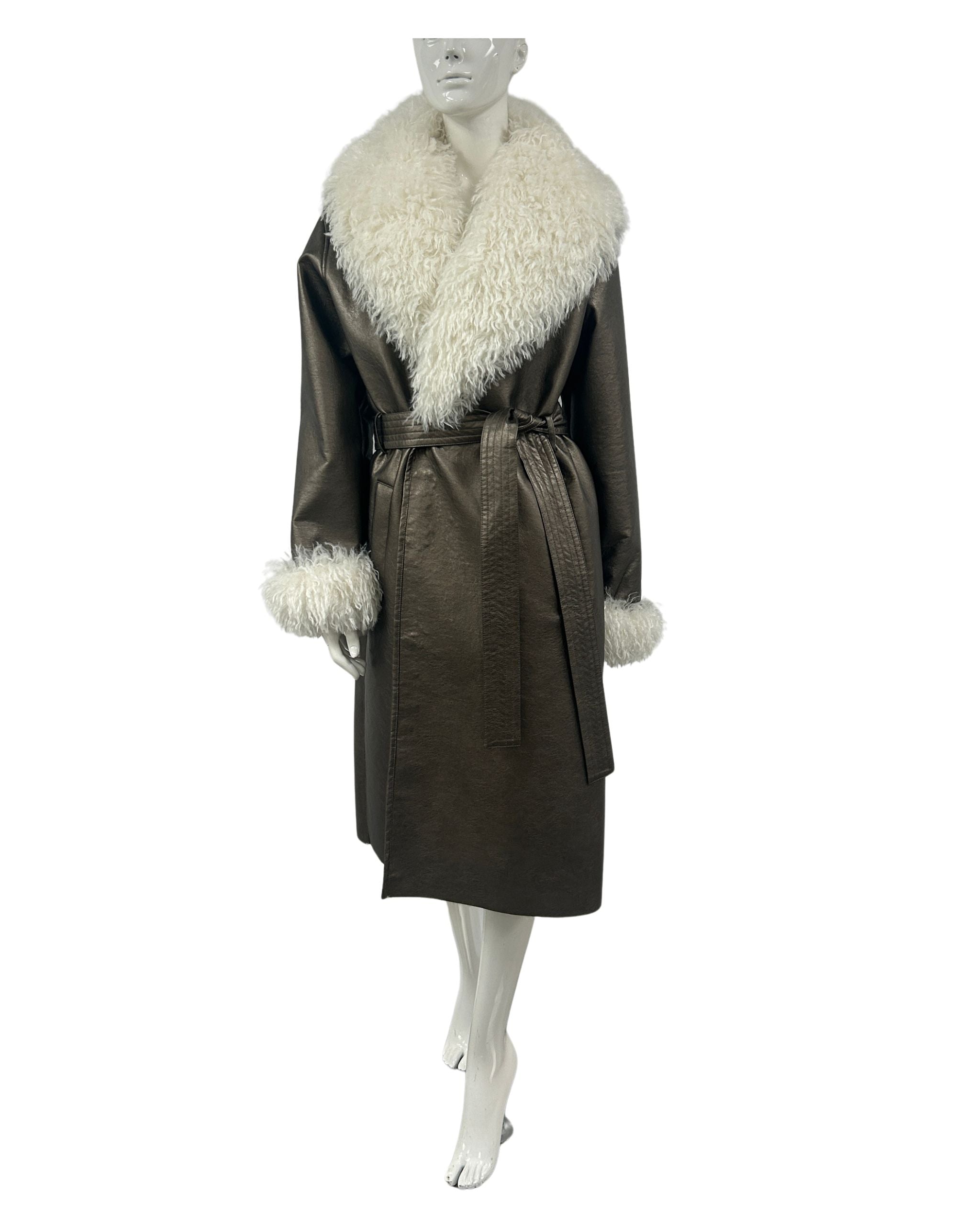 Vegan Leather Belted Coat - Bronze