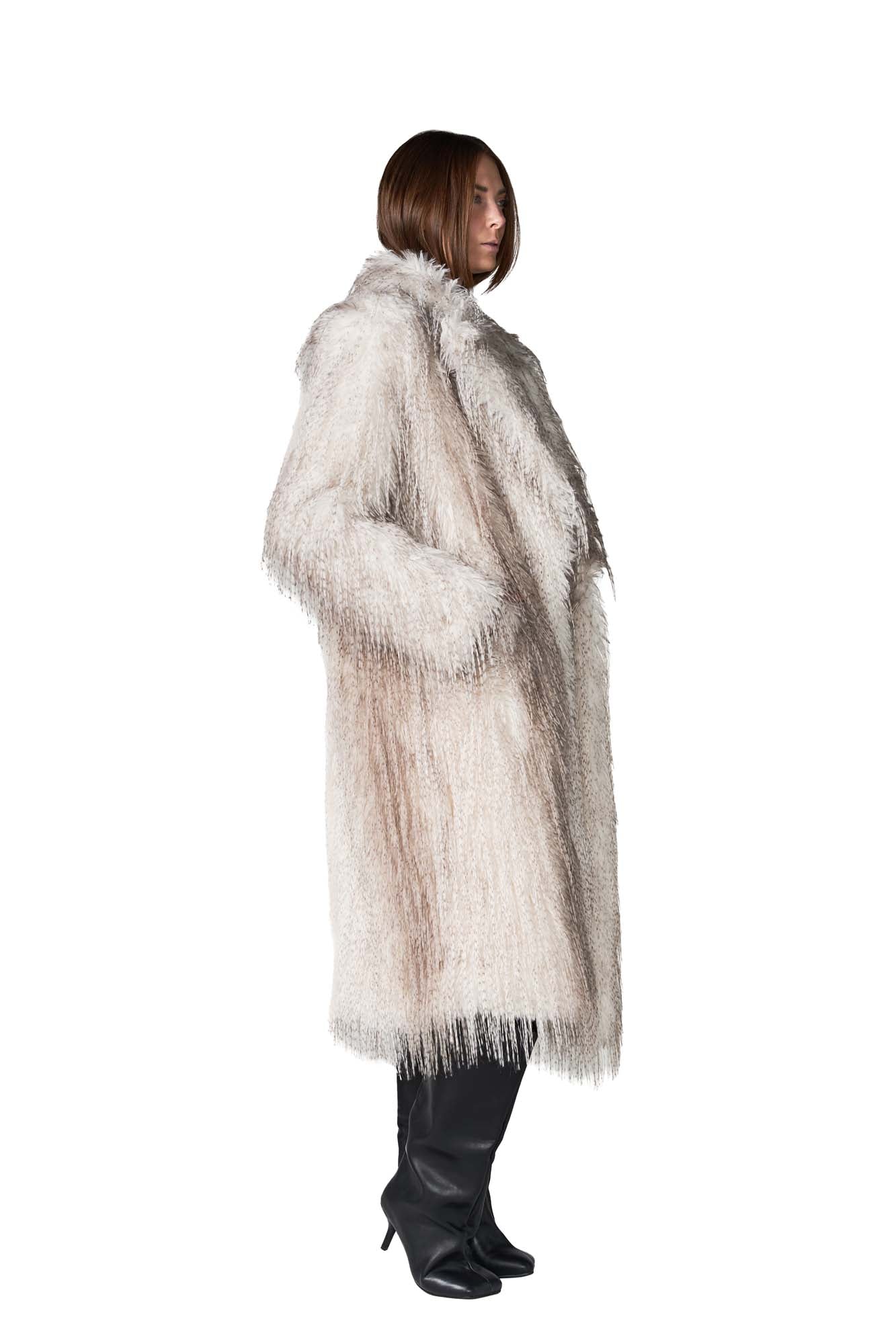 Cream Ostrich London Cruelty-Free Fur Oversized Coat - Side View On Model