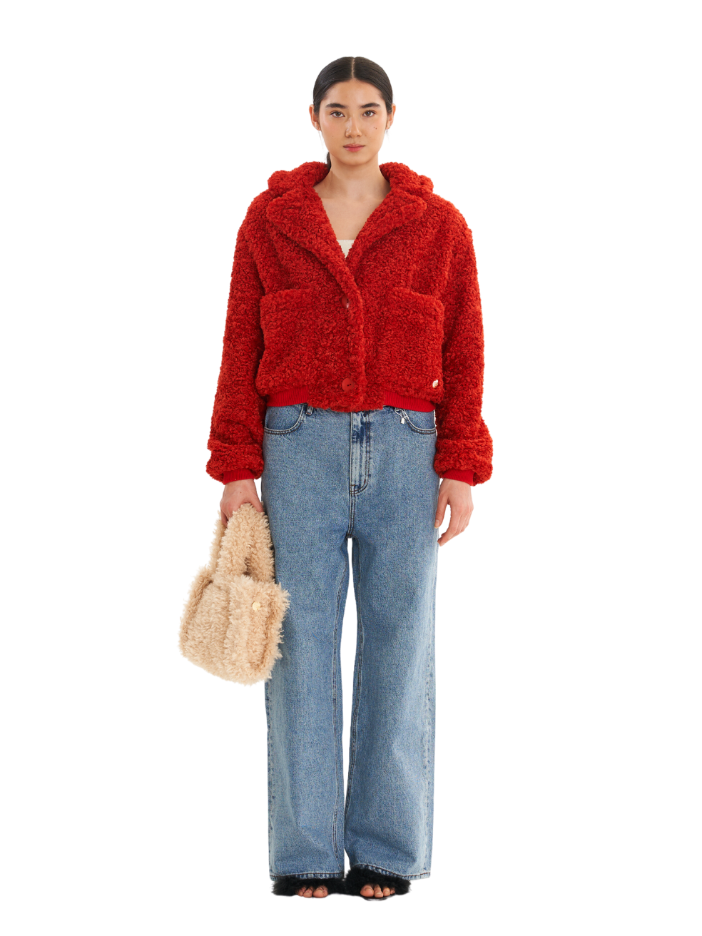 Romeo Red Cropped Sherpa Coat Vegan Luxury Sustainable Fashion Canada