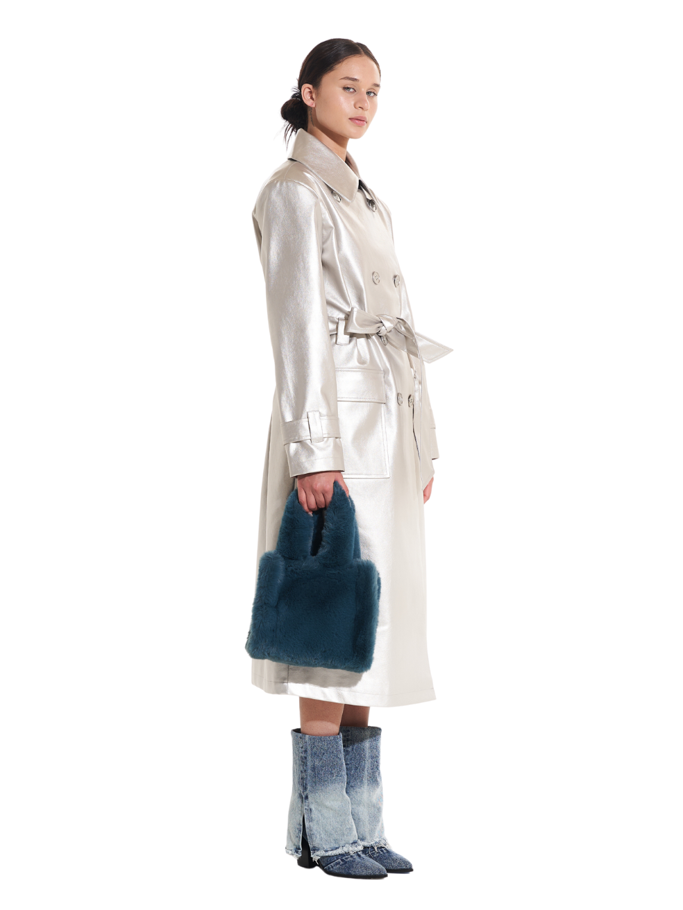 Gina Silver Animal-Free Leather Trench - 3/4 View On Model