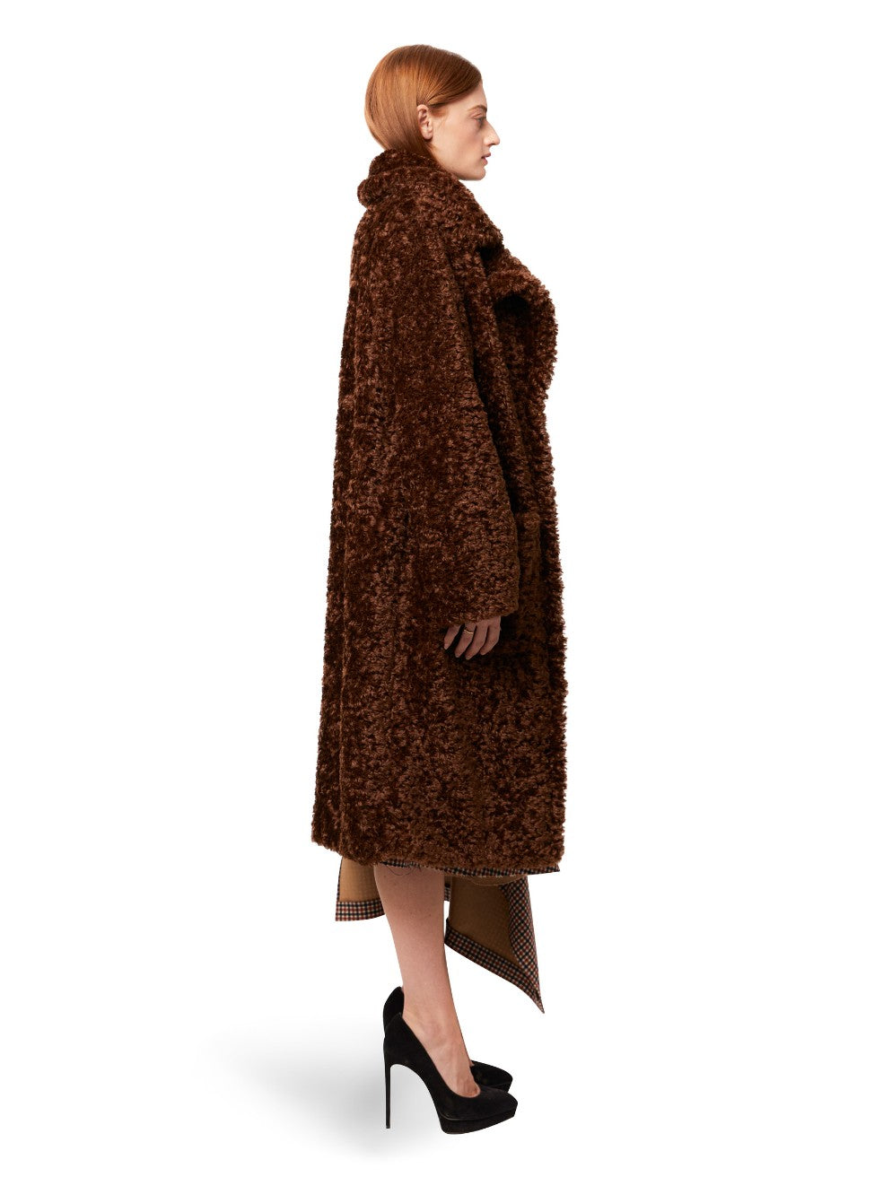 Penny Ruby Faux Curly Fur Coat - Side View On Model