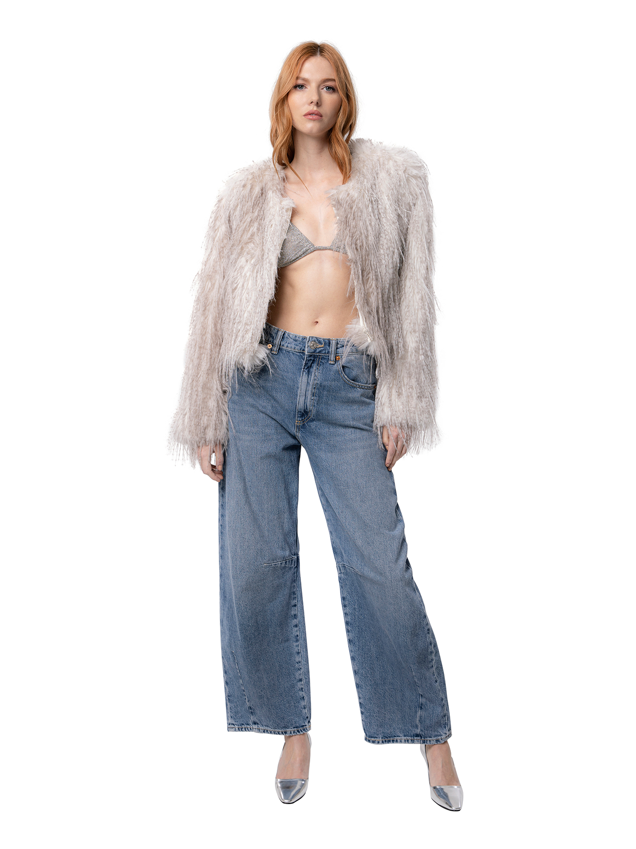 ANNA jacket in Cream Ostrich — front view of cropped vegan faux fur coat with soft texture and clean neckline.
