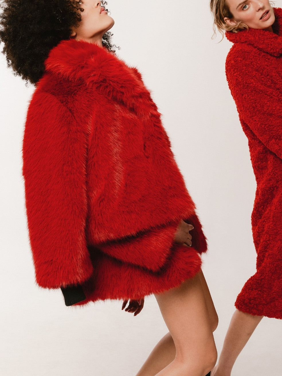 Red Sawyer Vegan Fur Coat - Editorial Image