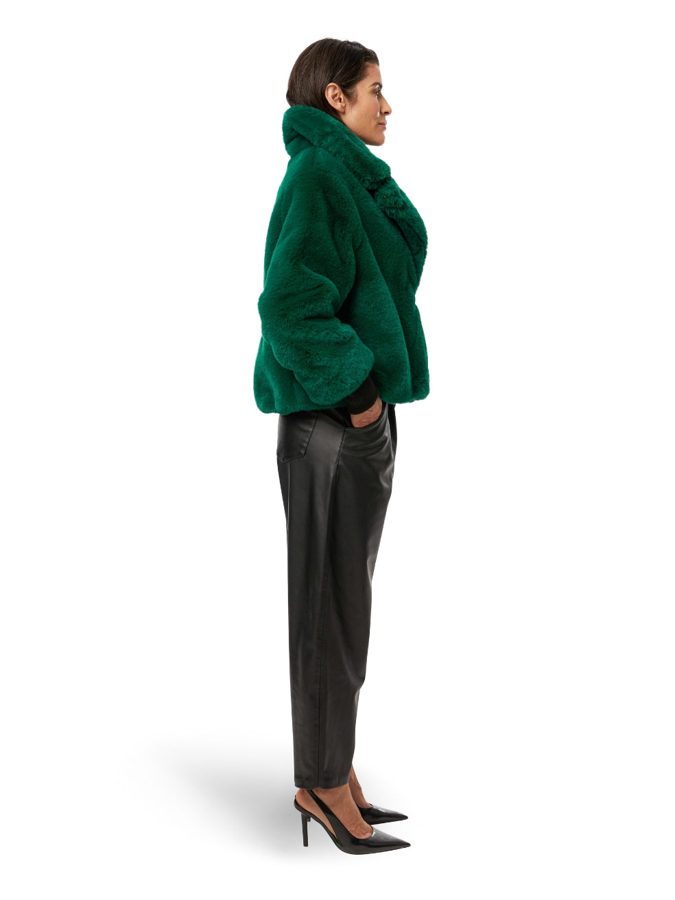 Emerald Sawyer Vegan Fur Coat - Side View On Model