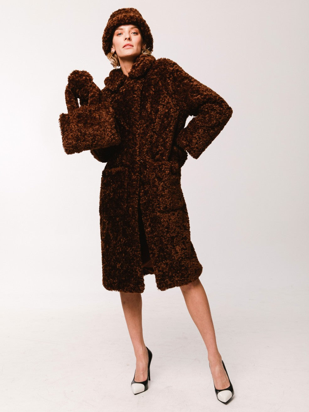 Penny Ruby Faux Curly Fur Coat - On Model With Matching Purse and Hat