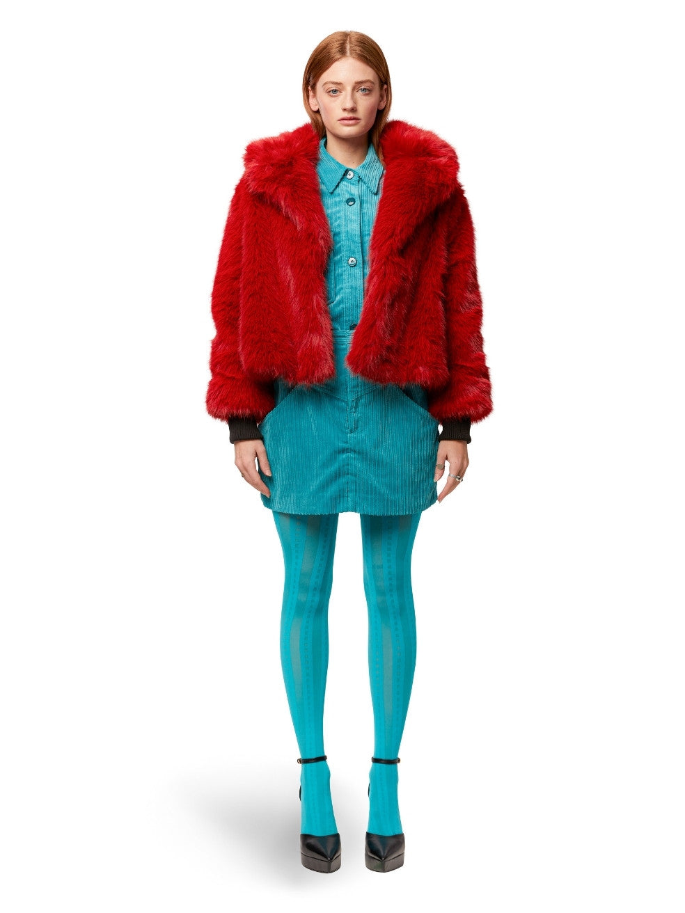 Red Sawyer Vegan Fur Coat - Front View On Model Open