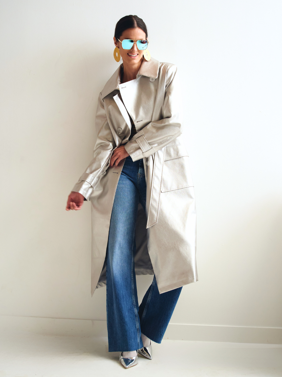 Gina Silver Animal-Free Leather Trench - Editorial Image