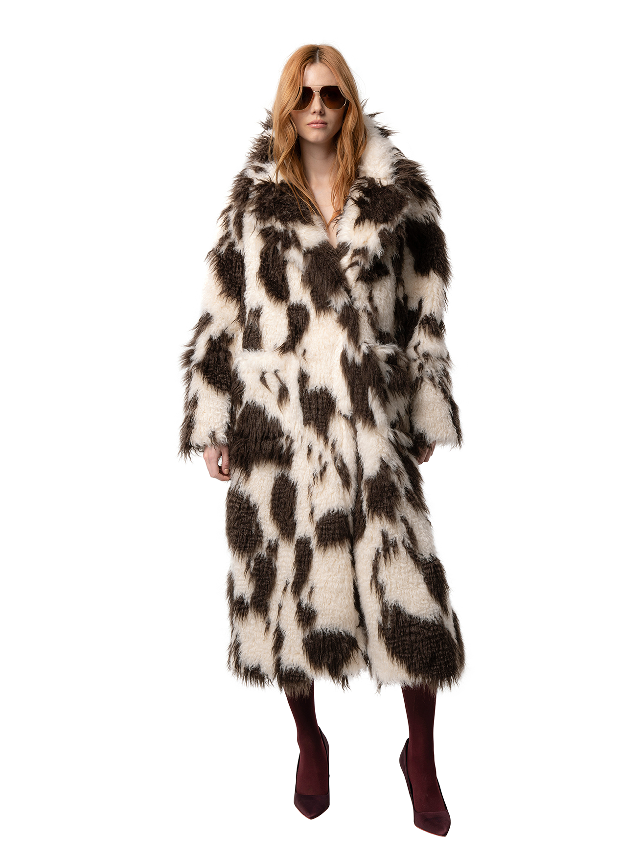 RUE coat in Crimped Cow — front view of textured faux fur coat featuring a mix of cream and black tones with a sleek silhouette.