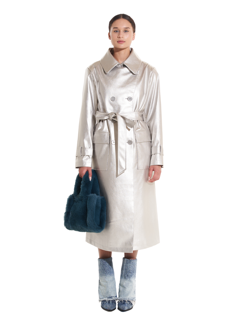 Gina Silver Animal-Free Leather Trench - Front View On Model