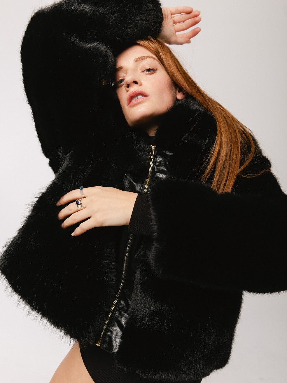 Ink Black Quinn Animal-Free Fur Coat - Editorial Image