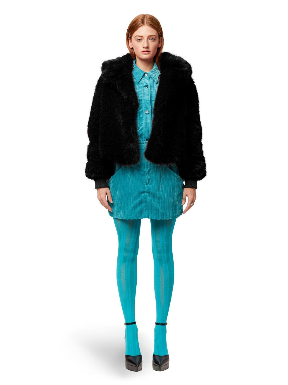 Ink Black Sawyer Vegan Fur Coat - Front View On Model