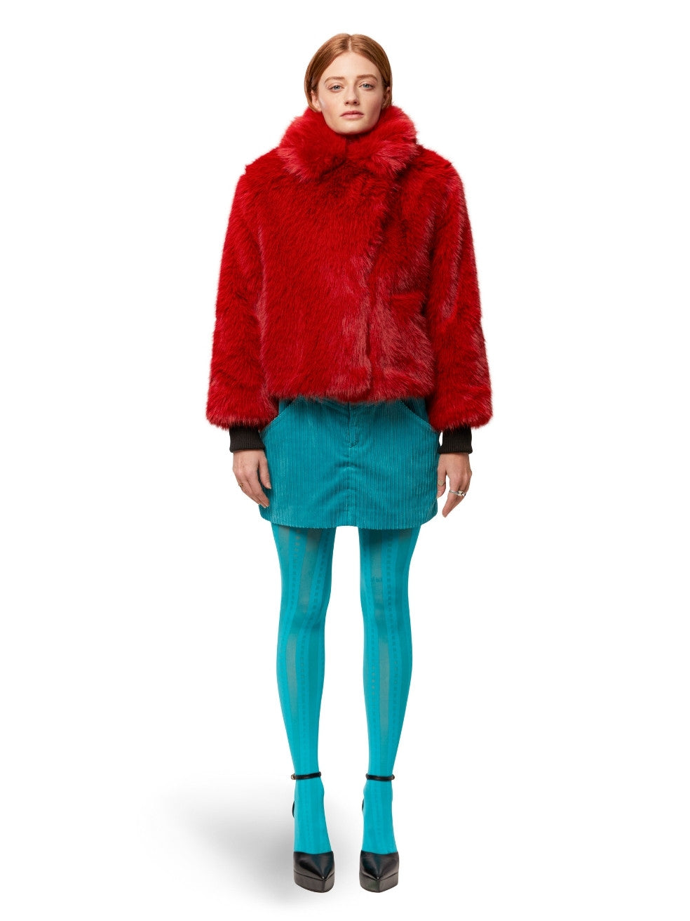 Red Sawyer Vegan Fur Coat - Front View On Model Closed