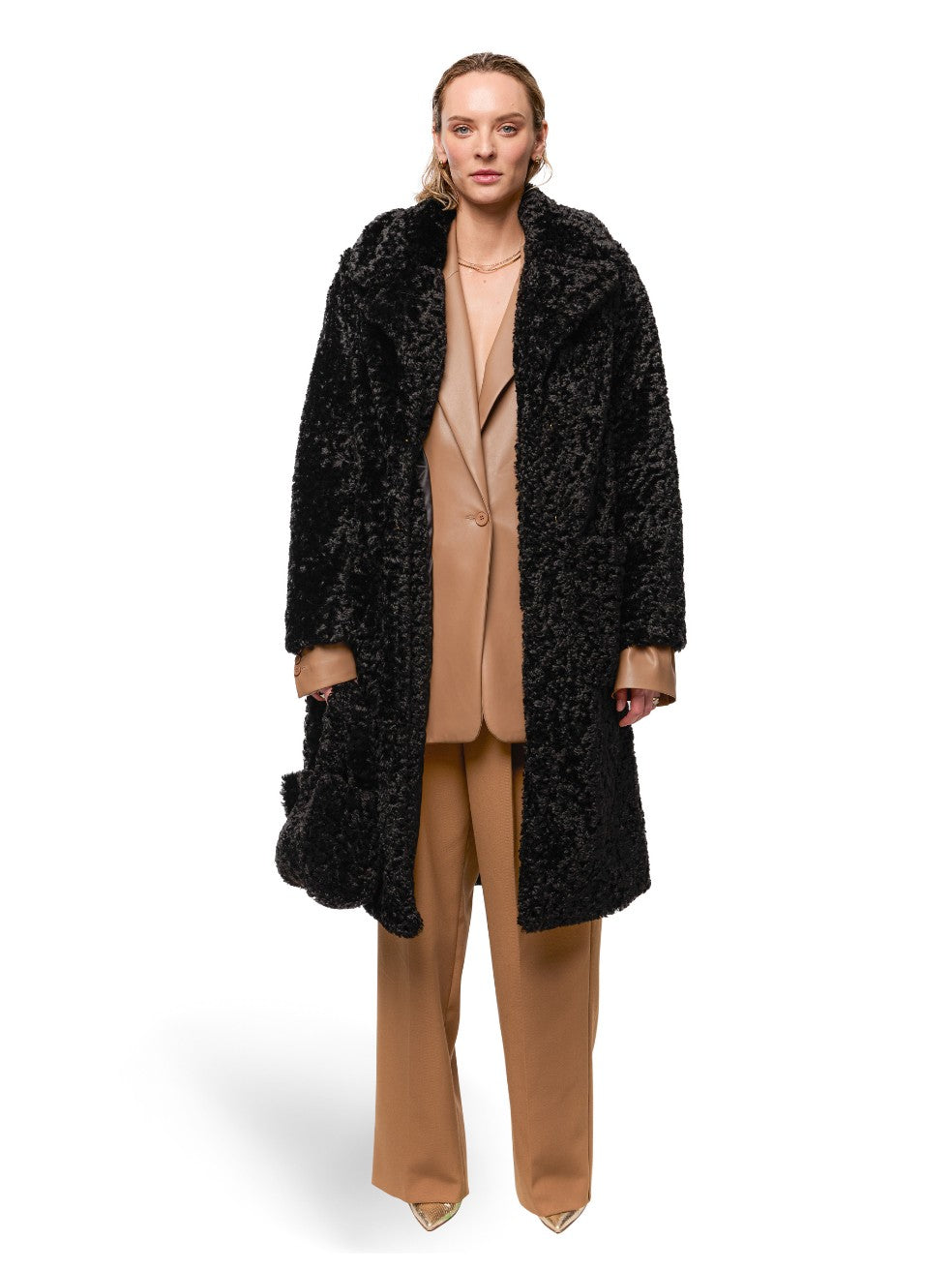 Slate Black Ruby Faux Curly Fur Coat - Front View On Model Open