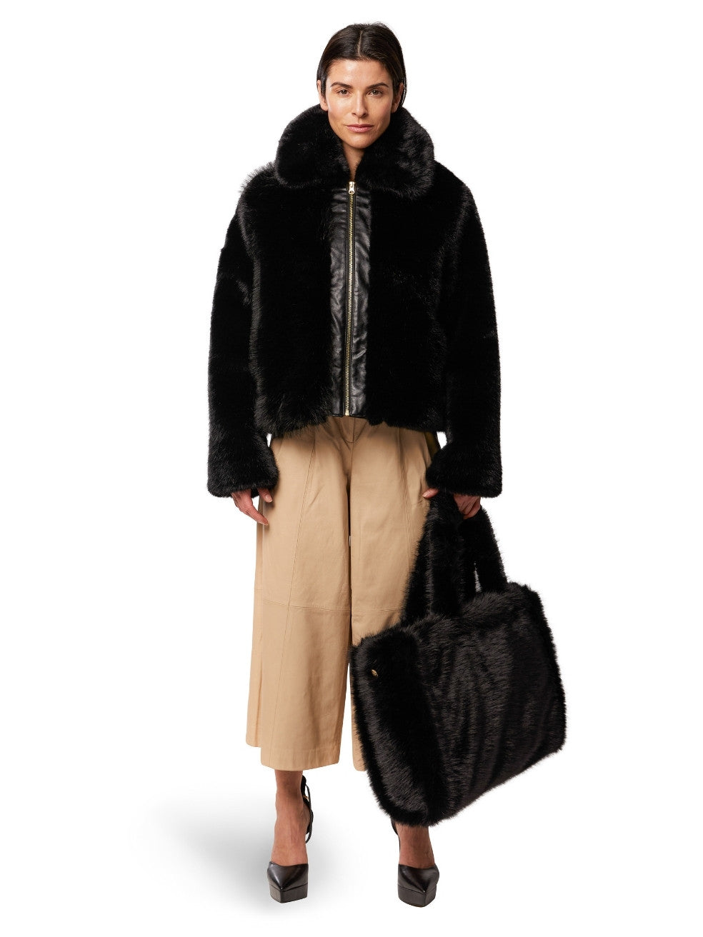 Ink Black Quinn Animal-Free Fur Coat - Front View On Model