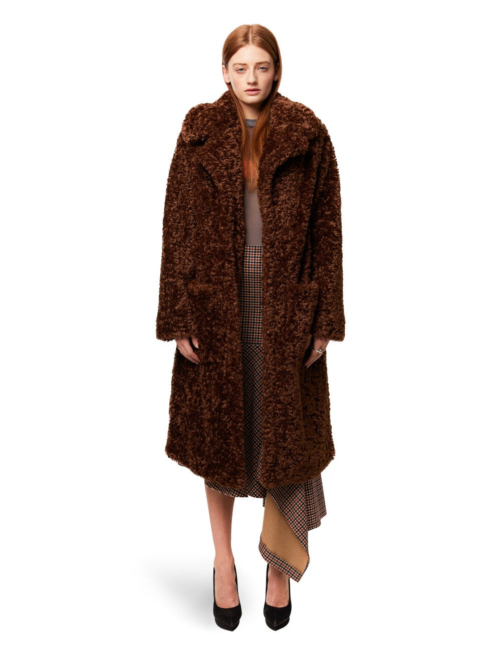 Penny Ruby Faux Curly Fur Coat - Front View On Model