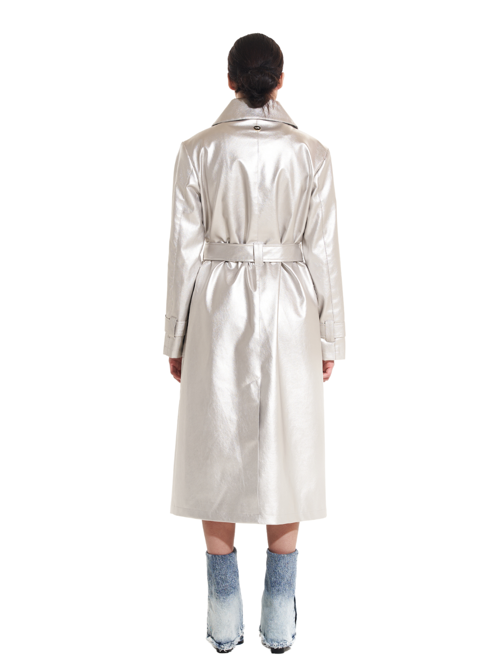 Gina Silver Animal-Free Leather Trench - Back View On Model