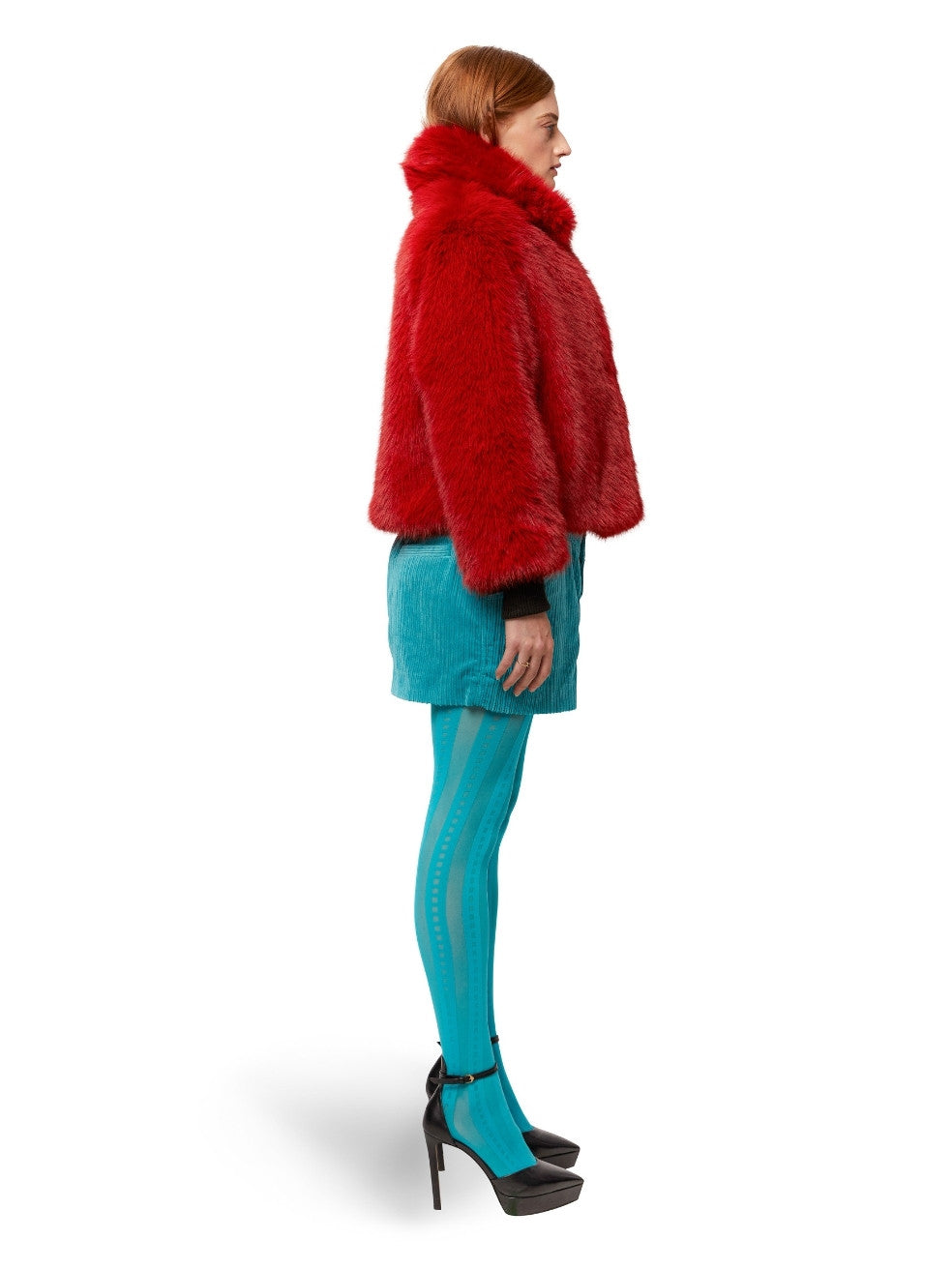 Red Sawyer Vegan Fur Coat - Side View On Model