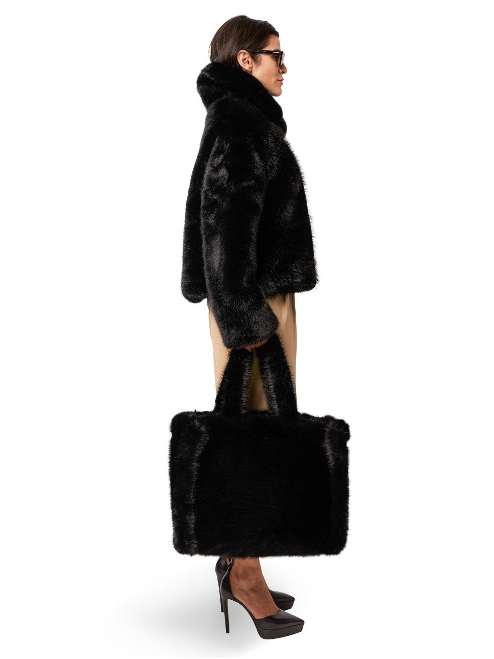 Ink Black Quinn Animal-Free Fur Coat - Side View On Model