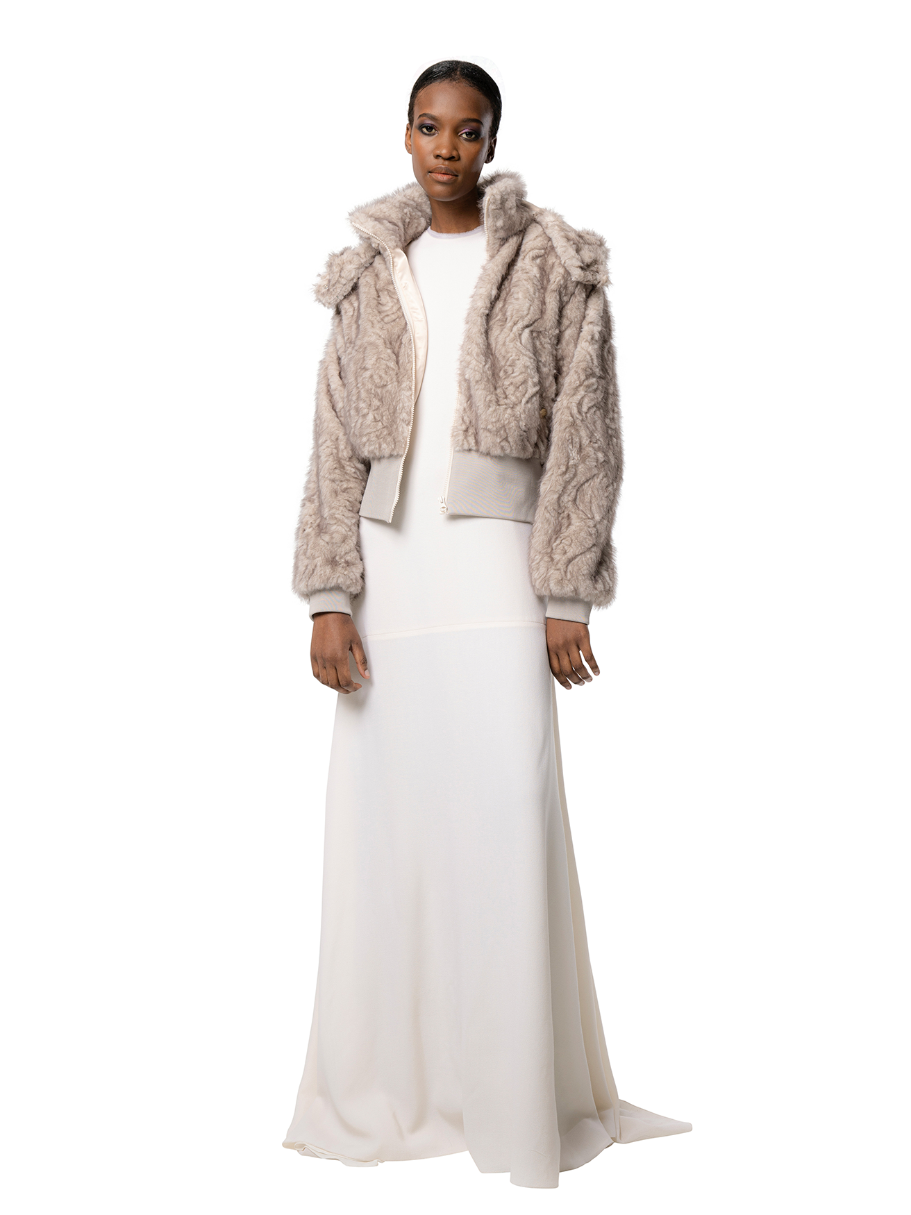 FIONA coat in Husky — front view of oversized faux fur coat in soft grey, featuring a generous hood, wide lapels, and cocoon-like silhouette.