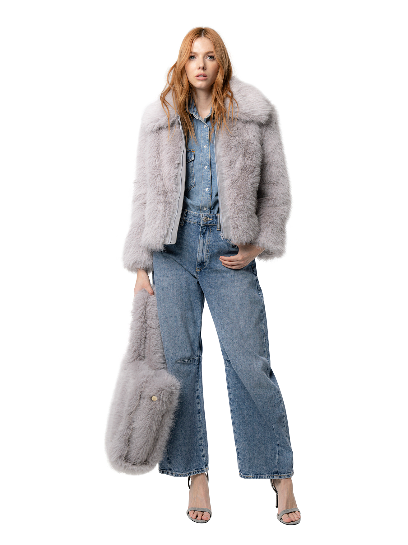 KELLY coat in Dove — front of outerwear crafted from cruelty-free faux fur with oversized collar and softly structured shape.