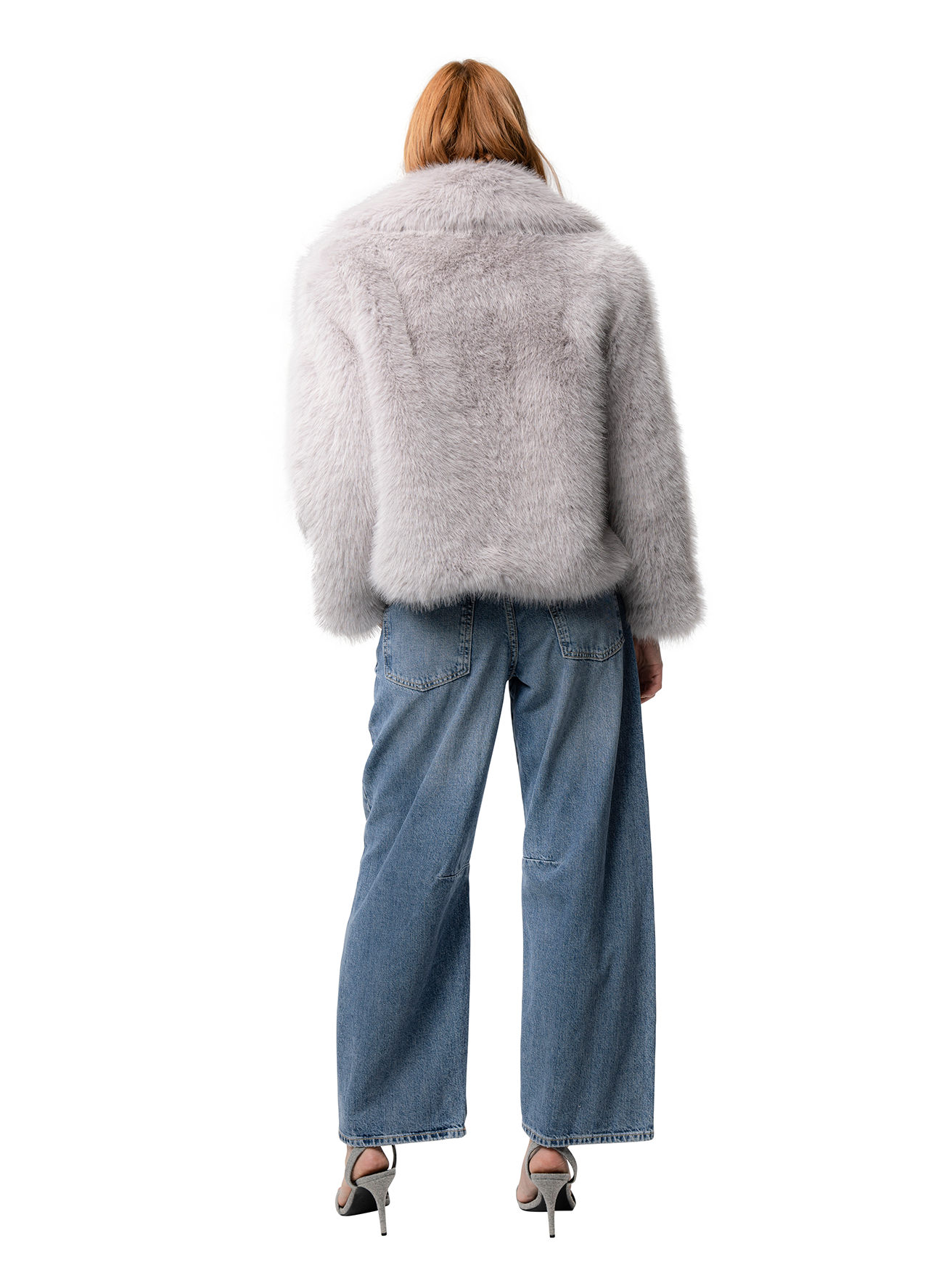Back view — KELLY coat in Dove seen from behind, with tonal lining peeking through and plush faux fur texture.