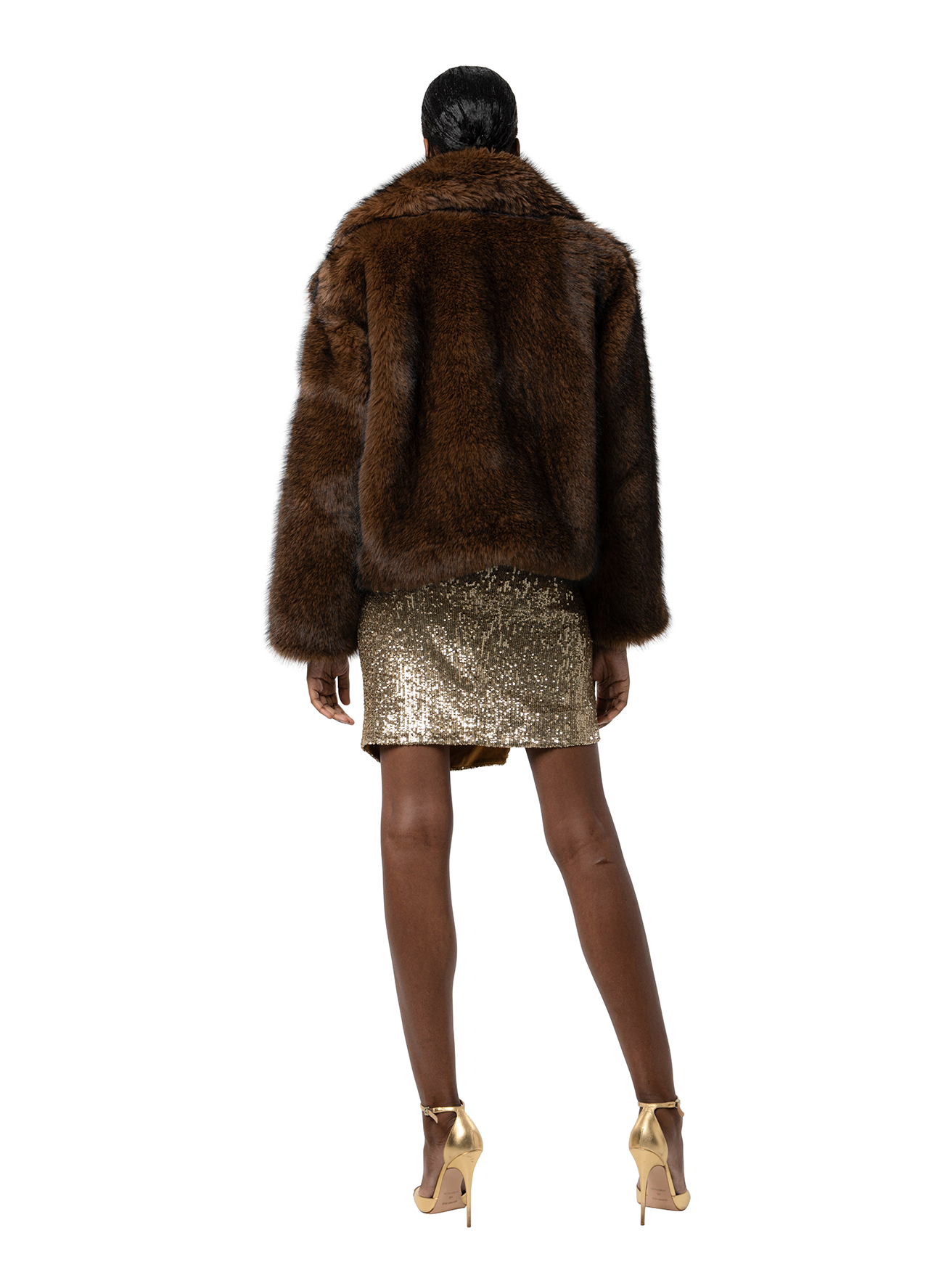 Back view — KELLY coat in Grizzly viewed from the back, highlighting tonal lining and plush cruelty-free texture.