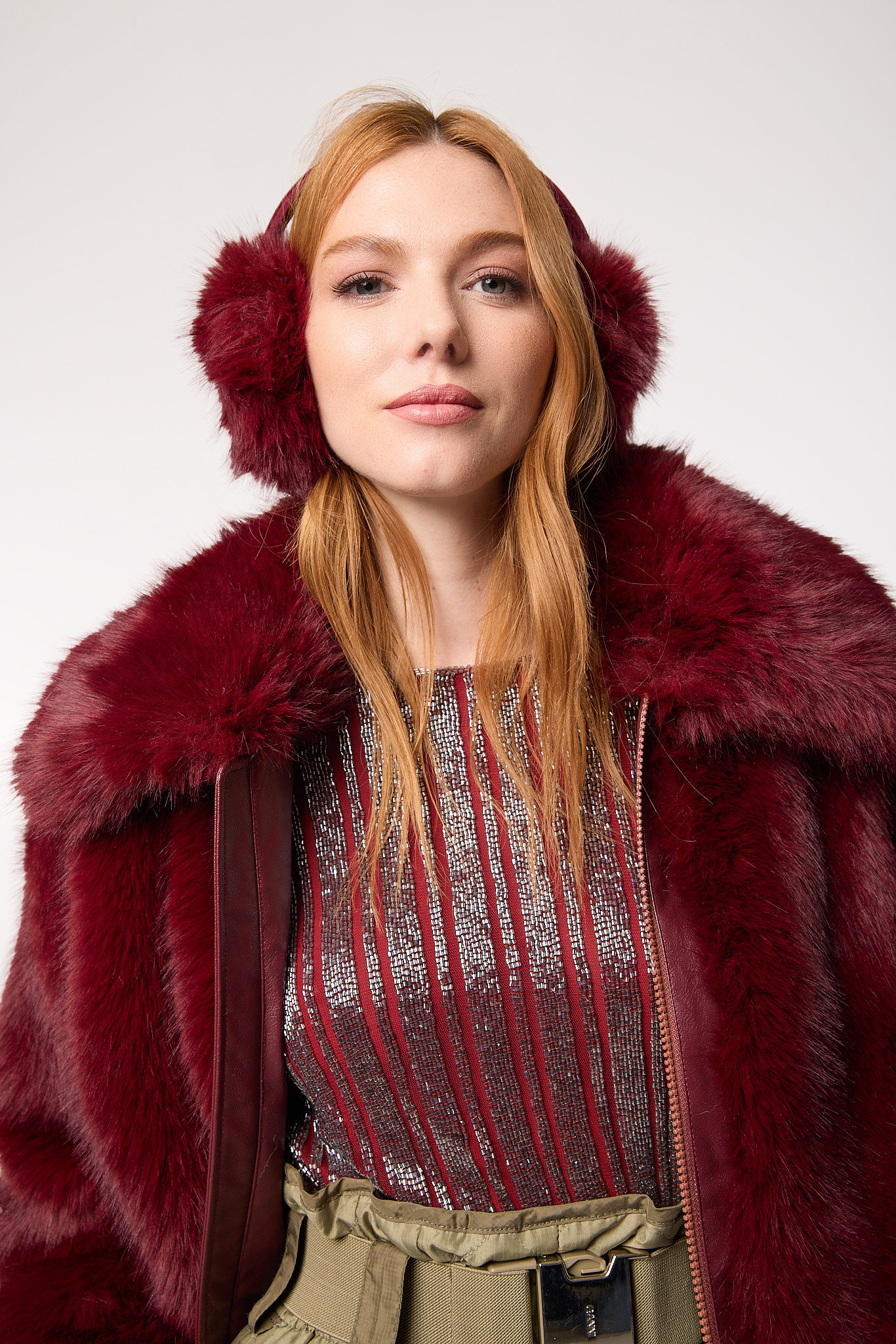 Luxury KELLY Merlot vegan fur coat — warm and stylish with a softly structured silhouette and subtle utilitarian details.