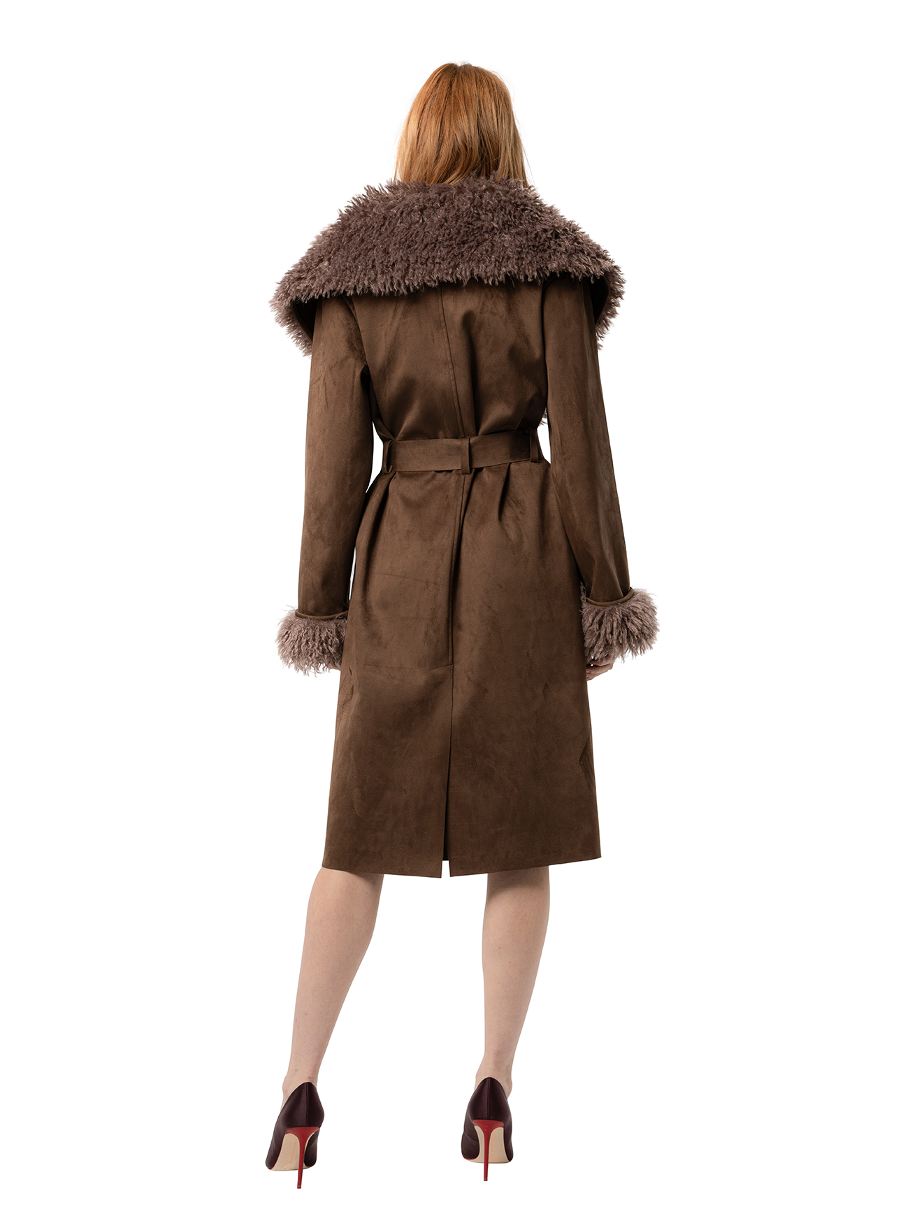 Back view — KENZIE coat in Pecan seen from behind, highlighting the flowing lines, vegan suede texture, and cinched waist detail.