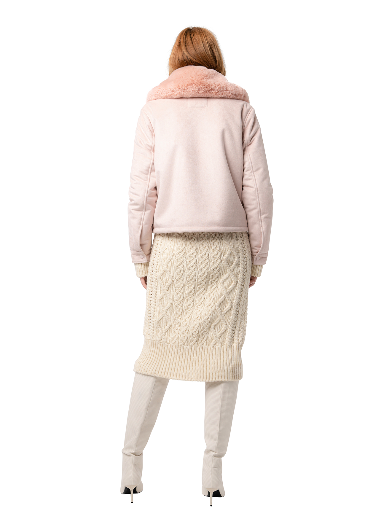 Back view — LUNA coat in Flamingo seen from behind, showcasing the soft texture and bright flamingo pink hue.