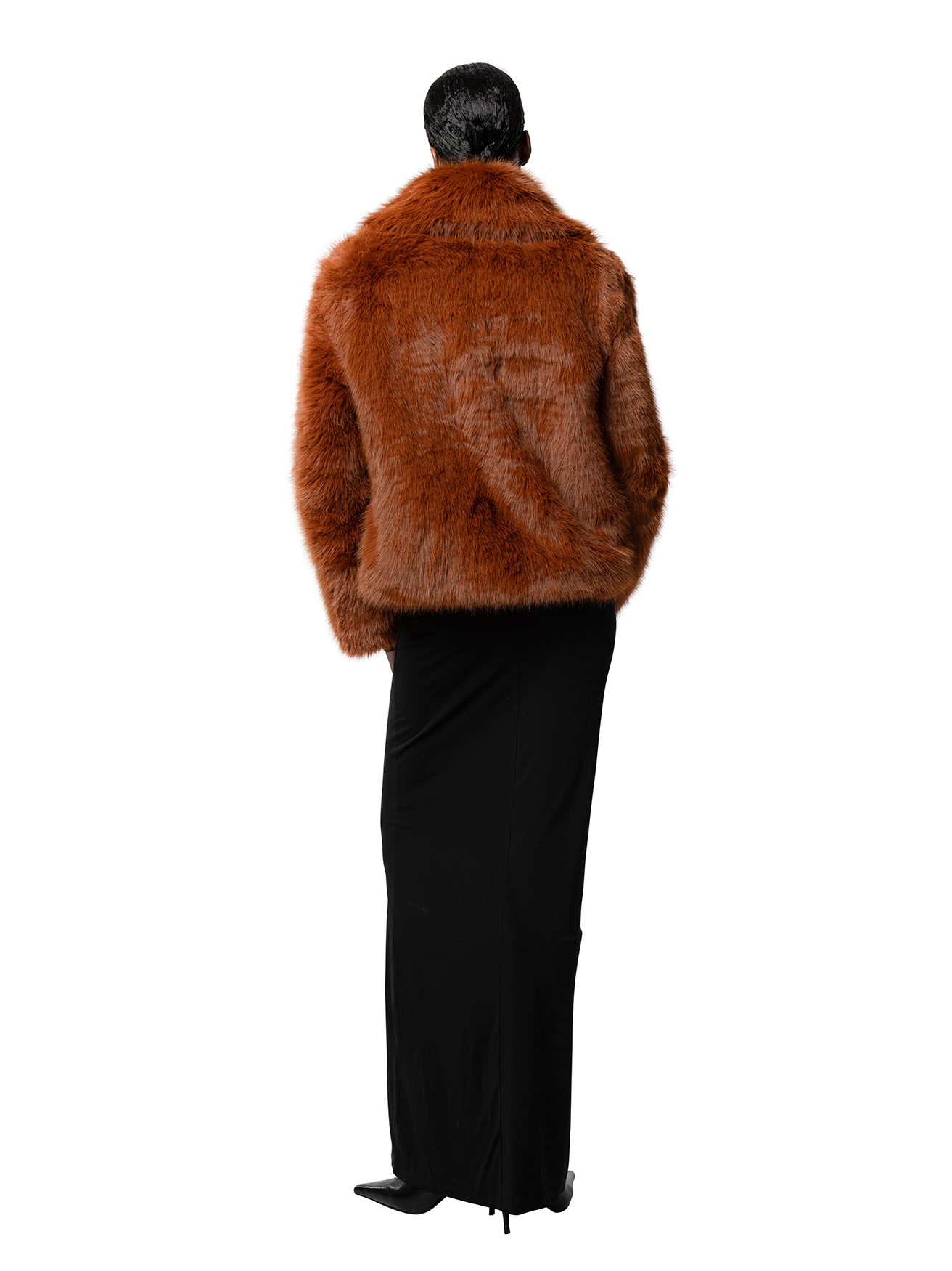 Rust KELLY coat with vegan leather contrast — relaxed fit winter outerwear crafted in Canada.