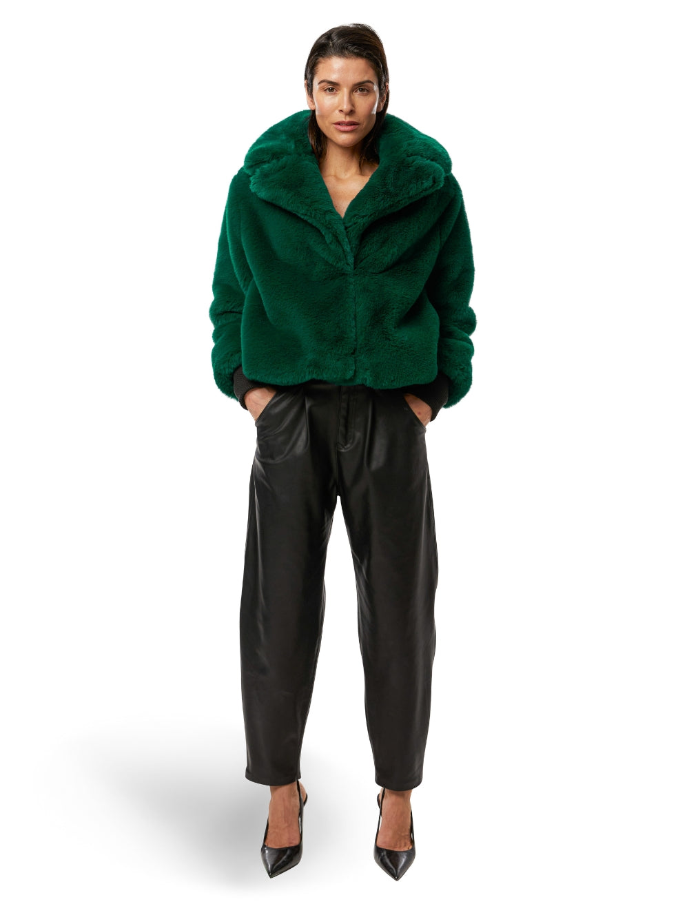 Emerald Sawyer Vegan Fur Coat - Front View On Model