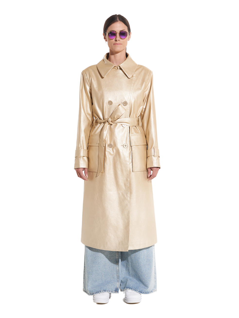 Gina Gold Animal-Free Leather Trench - Front View On Model