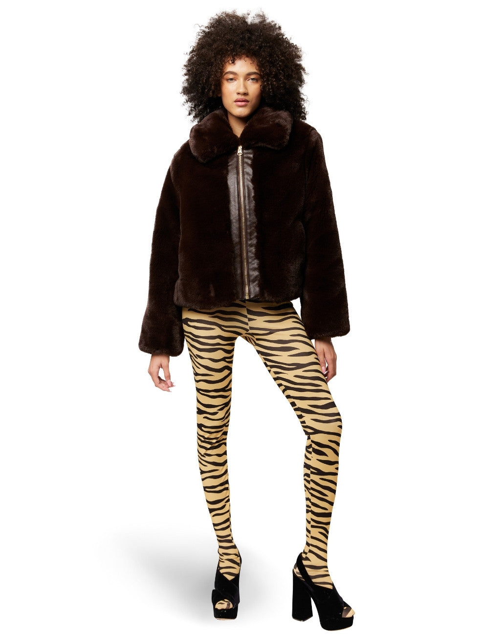 Espresso Quinn Animal-Free Fur Coat - Front View On Model