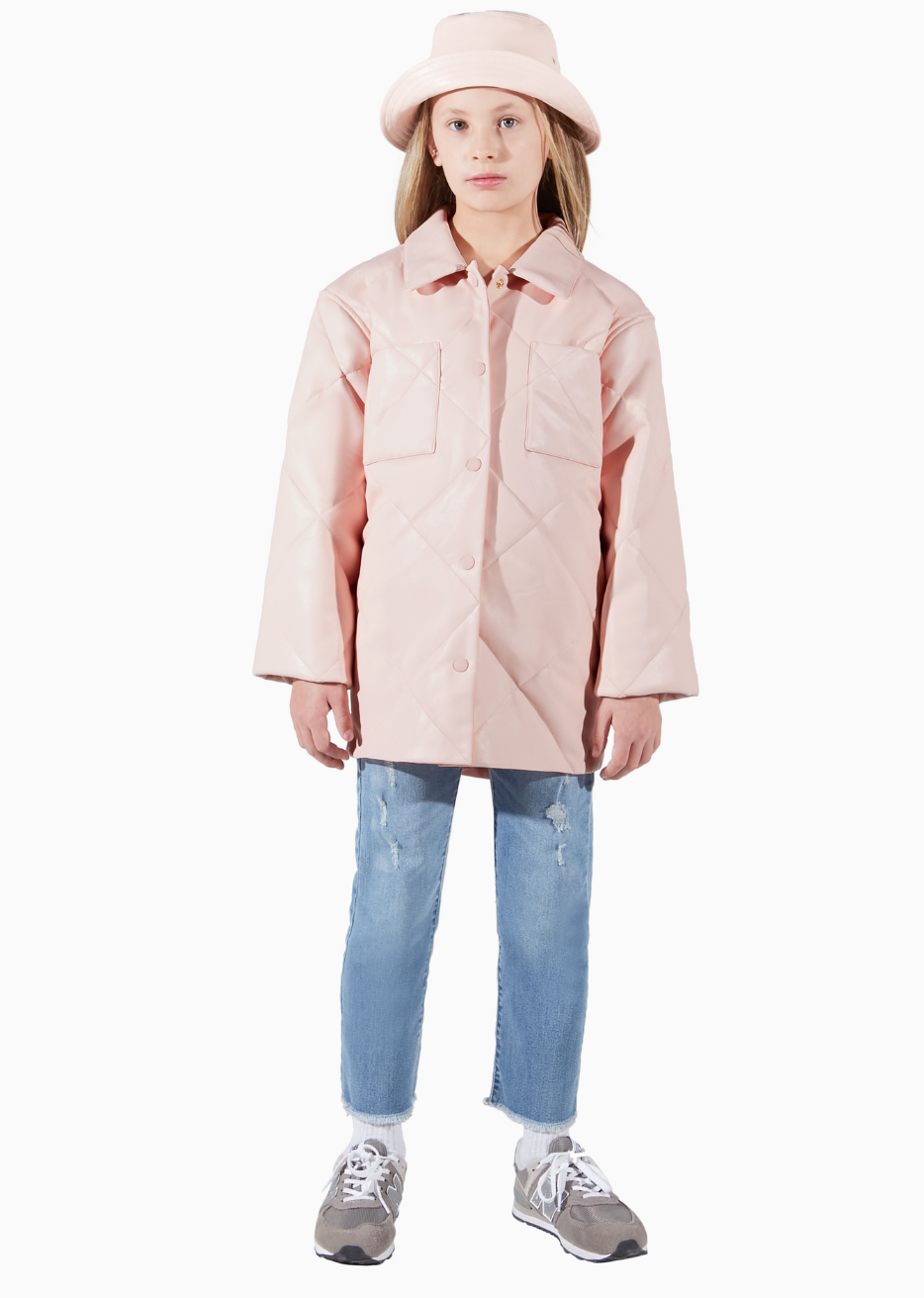 Charlie Rose Pink Quilted Button Front Waterproof Shacket Kids Upcycled Fashion Animal Free Leather