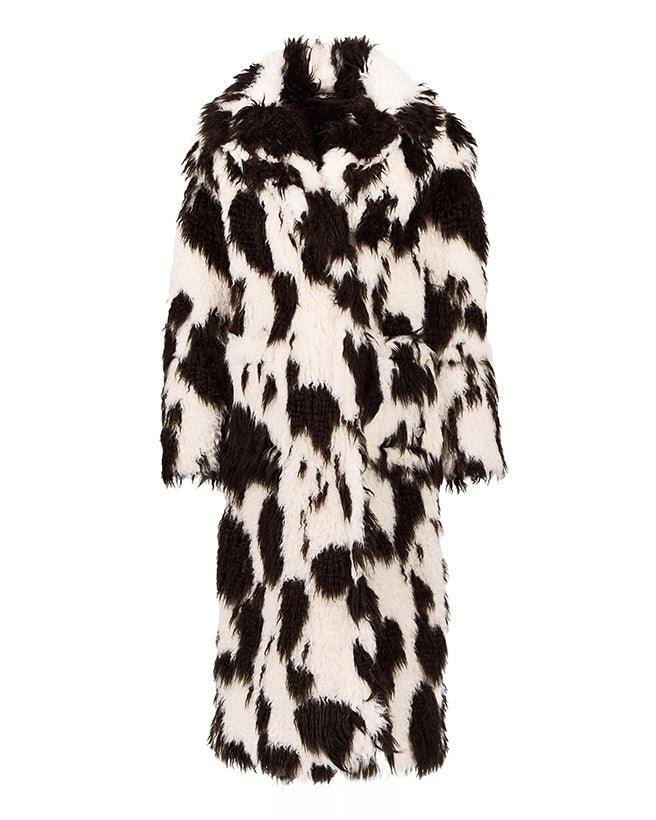 RUE coat in Crimped Cow — off figure view of textured faux fur coat featuring a mix of cream and black tones with a sleek silhouette.
