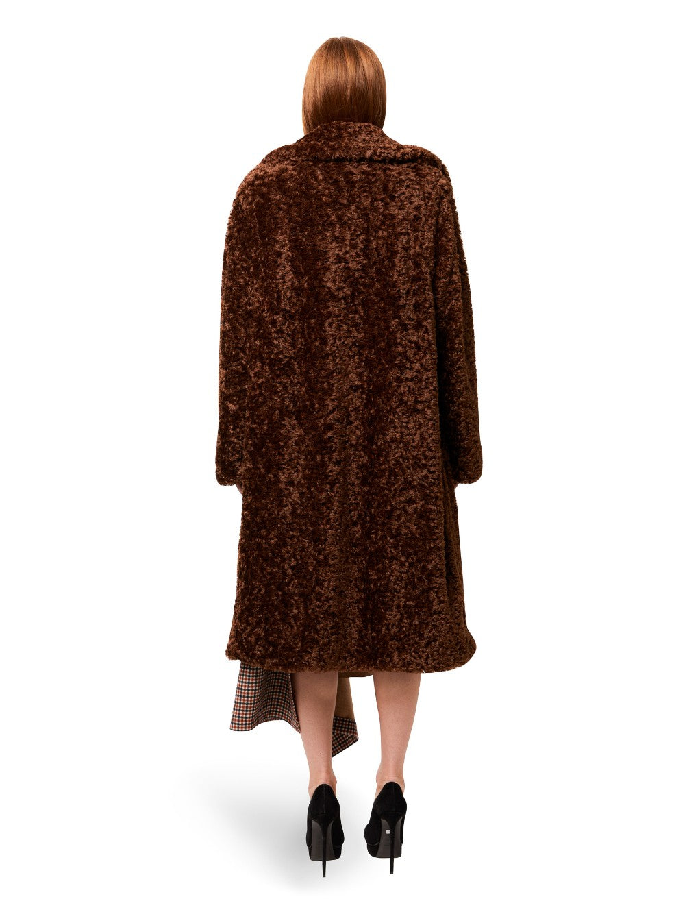 Penny Ruby Faux Curly Fur Coat - Back View On Model