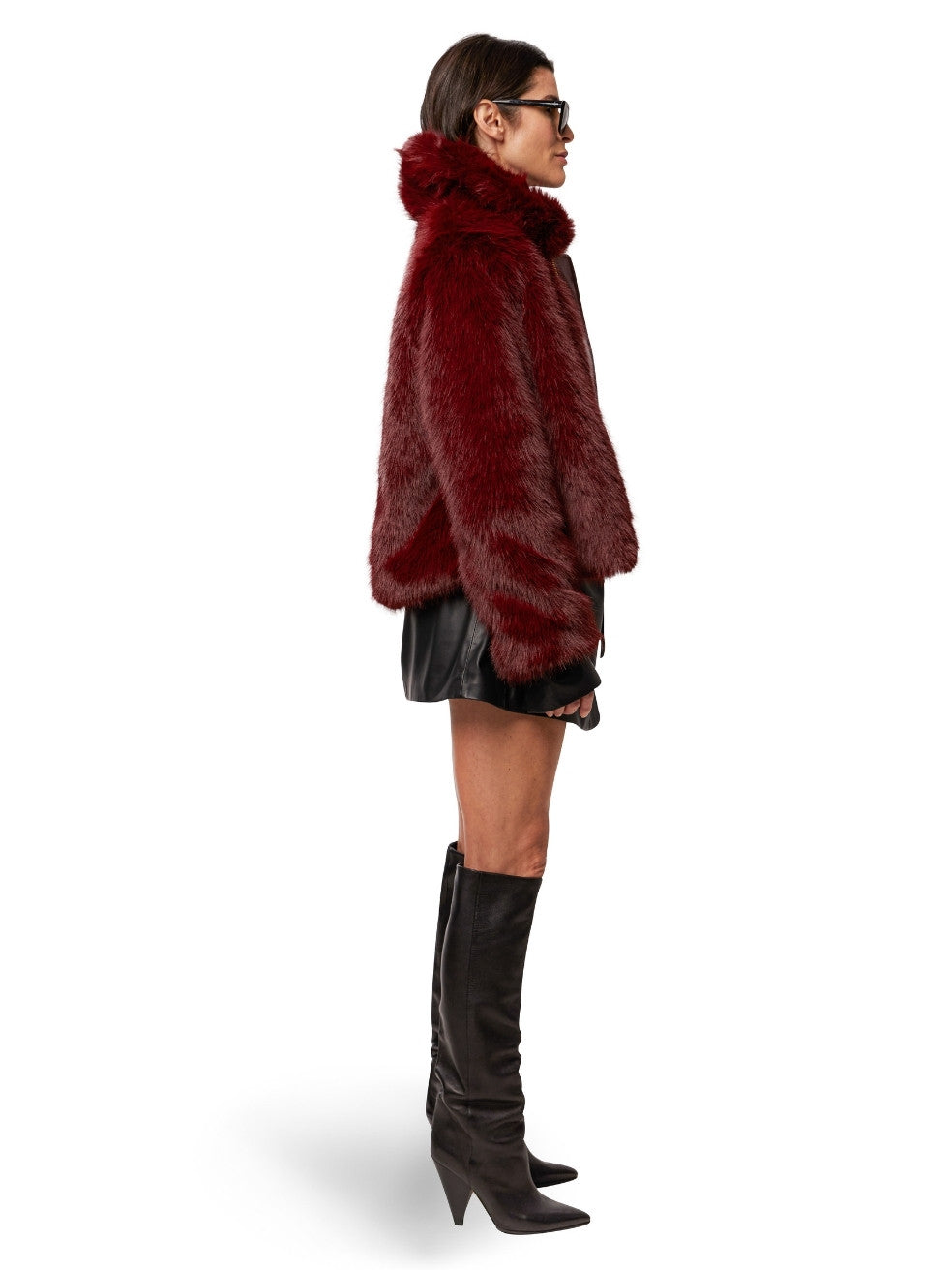 Merlot Quinn Animal-Free Fur Coat - Side View On Model