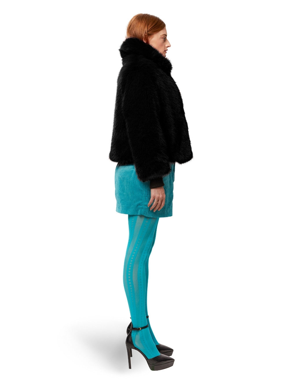 Ink Black Sawyer Vegan Fur Coat - Side View On Model