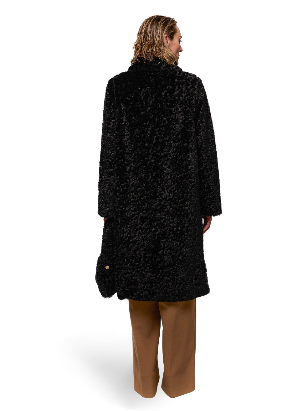 Slate Black Ruby Faux Curly Fur Coat - Back View On Model