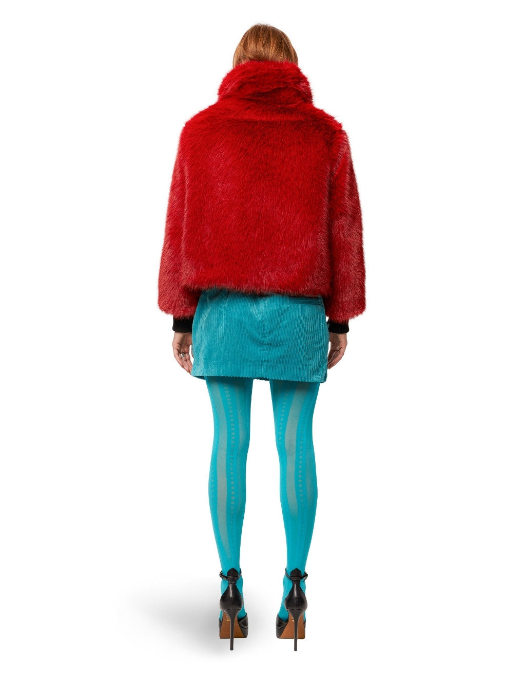 Red Sawyer Vegan Fur Coat - Back View On Model Closed