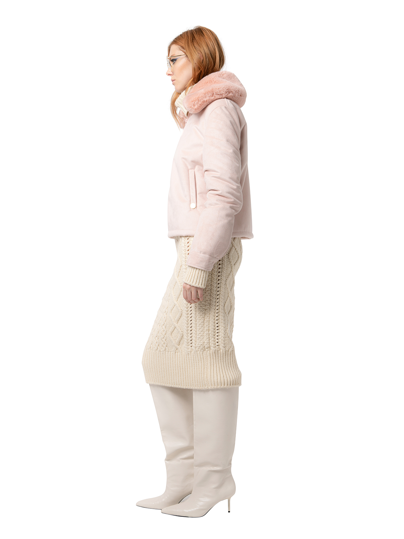 Side view — LUNA in Flamingo shown from the side, highlighting the plush cruelty-free faux fur and flowing silhouette.
