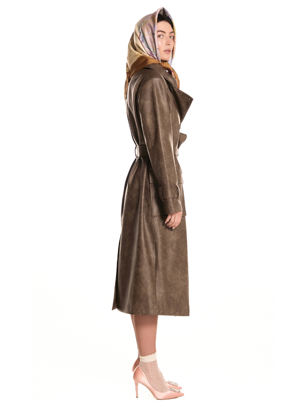 Gina Vintage Brown Animal-Free Leather Trench - Side View On Model