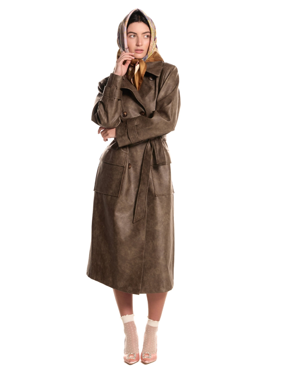 Gina Vintage Brown Animal-Free Leather Trench - On Model Posed