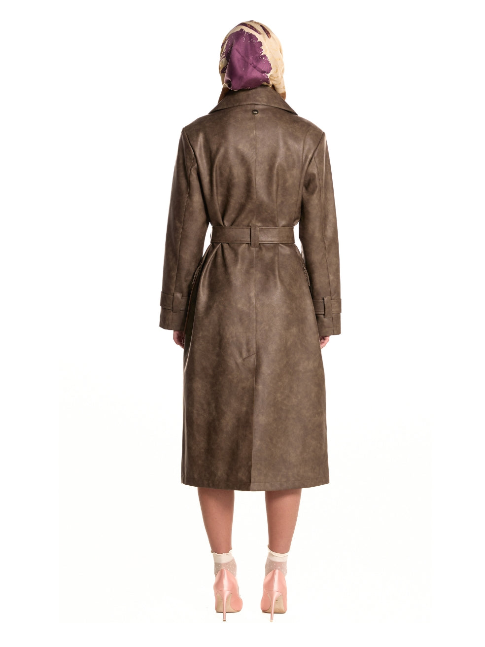Gina Vintage Brown Animal-Free Leather Trench - Back View On Model