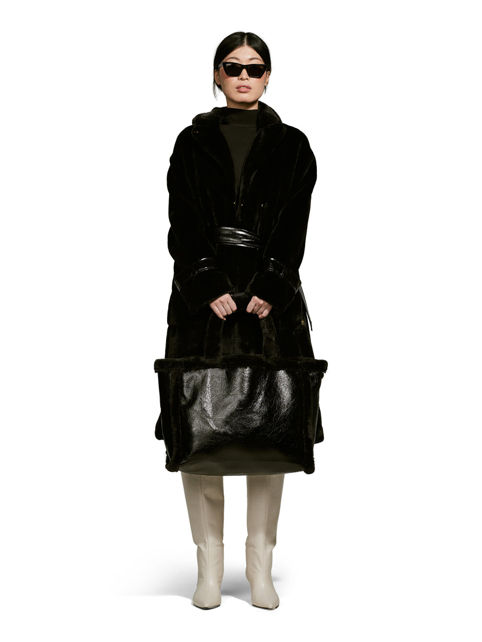 Violet Black Long Vegan Fur Leather Coat Slow Fashion Luxury Outerwear