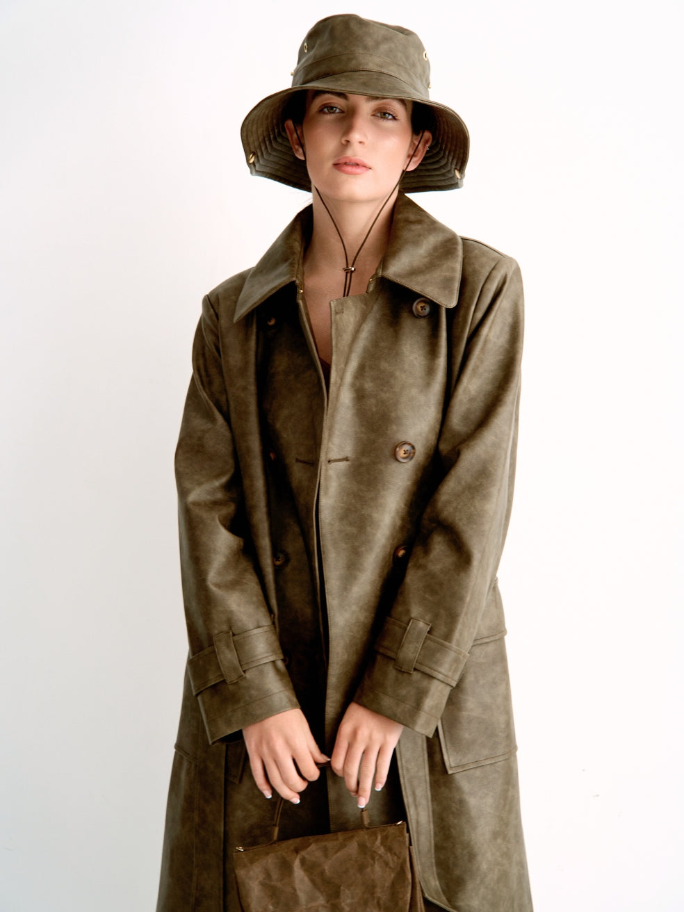 Gina Vintage Brown Animal-Free Leather Trench - On Model With Matching Accessories