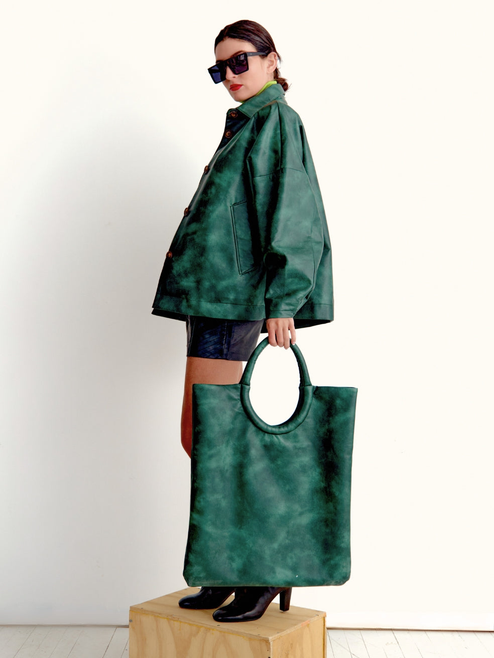 Batwing sleeve oversized coat leather jacket distressed ryder pine green