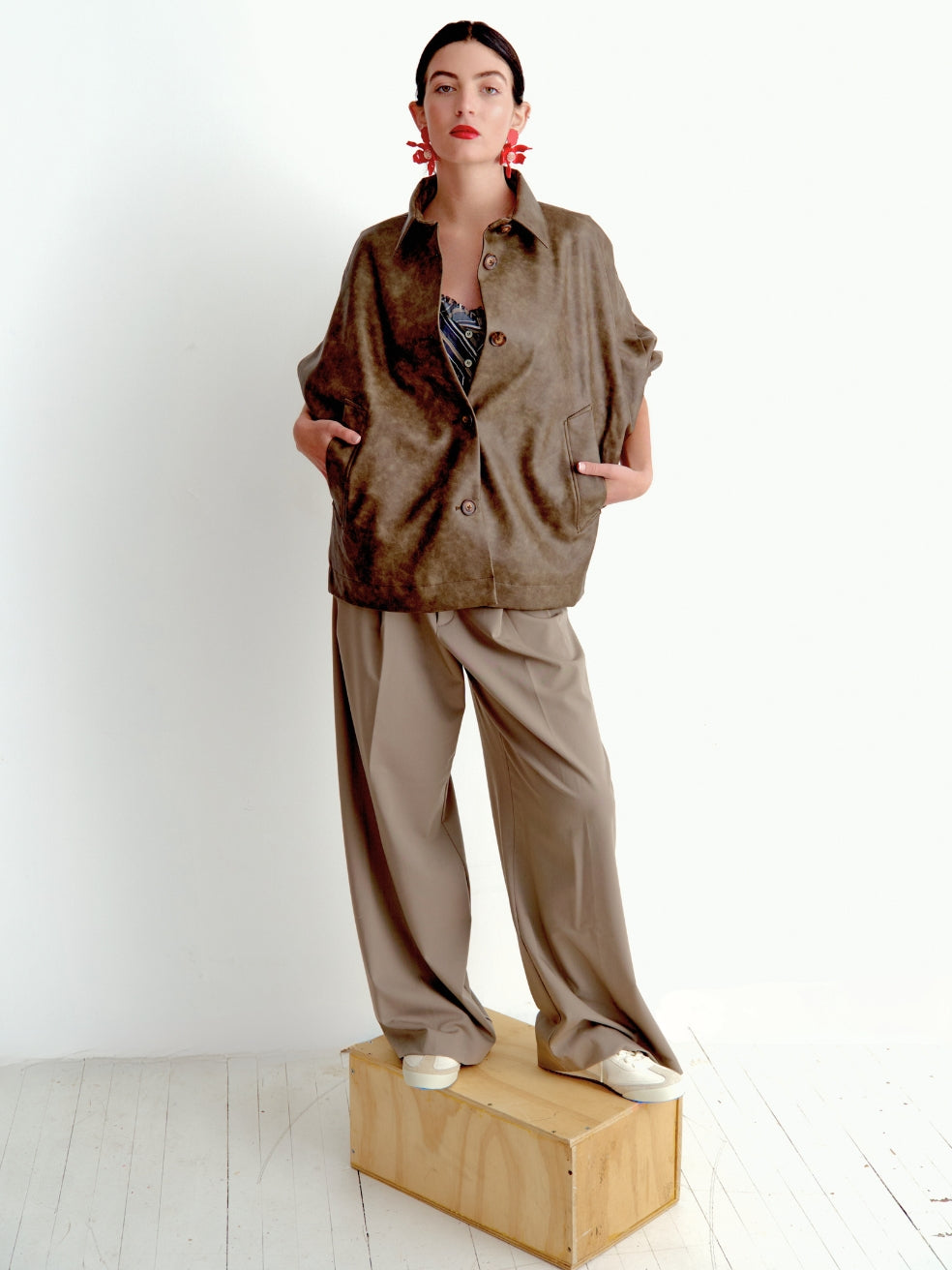 Ryder distressed vintage brown batwing sleeve oversized zero waste vegan outerwear faux leather