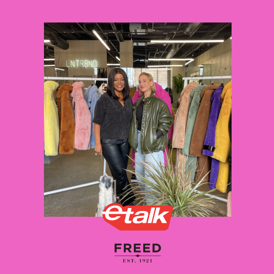 Marissa Freed showcasing FREED coats in a segment on e-talk.