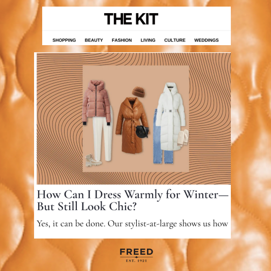 A FREED coat featured in a chic winterwear feature on The Kit's website.